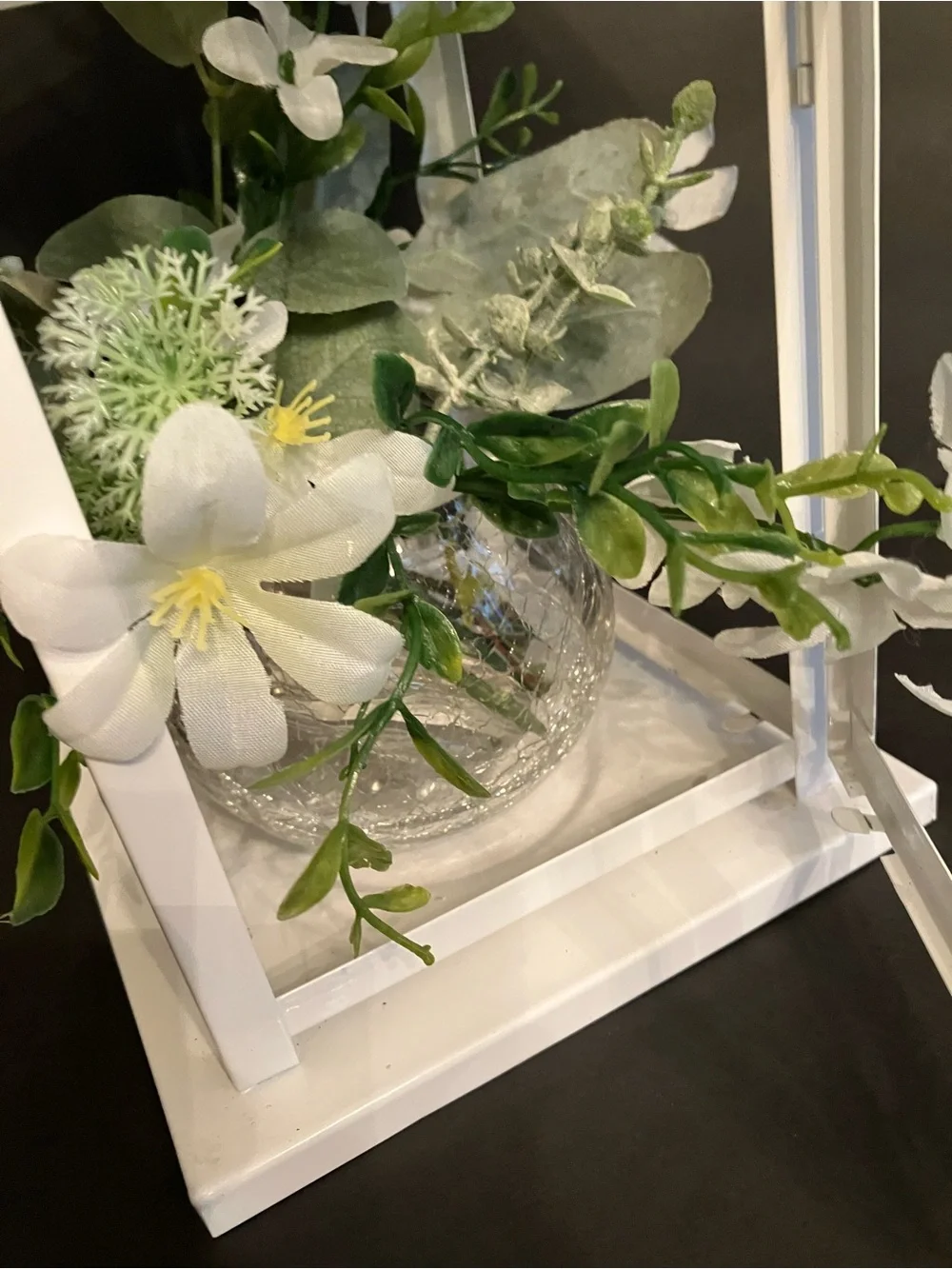 White Decorative Lantern with Faux Floral Arrangement